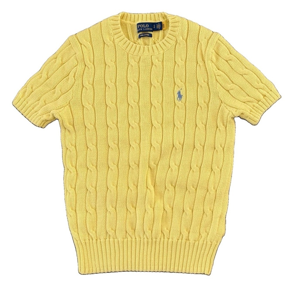 Polo Ralph Lauren Cable Knit Short Sleeve Sweater Women S Crewneck Yellow Pony